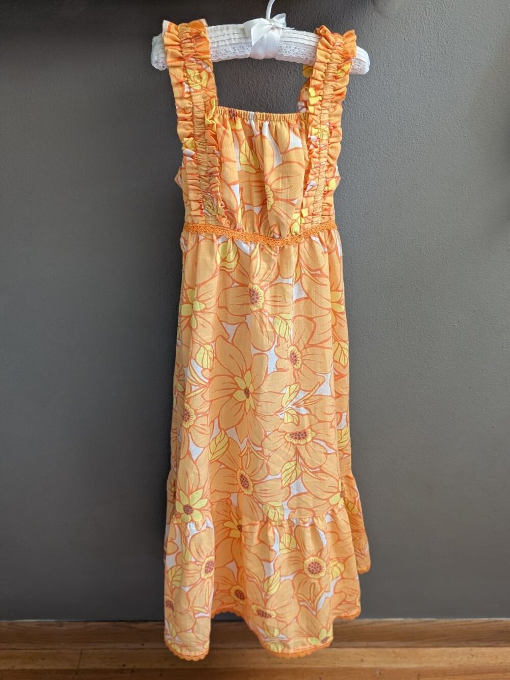 Rachel Zoe Girls Floral Maxi Dress Size 8 Orange Yellow Tie Back Smocked Ruffle - Picture 1 of 6